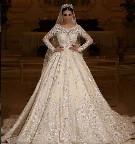 Vestido de baile Rendas Manga Comprida Champagne Muçulmano Plus Size Princesa Vestidos De Casamento Completo Beading Vestidos De Casamento África Do Sul 2019