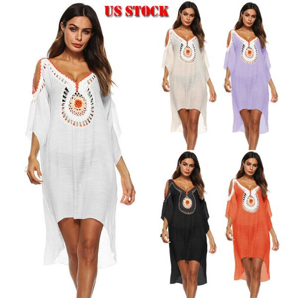 

fashion women dress loose boho ladies hollow out cold shoulder bathing suit bikini swimwear cover up beach sundress, Black;gray