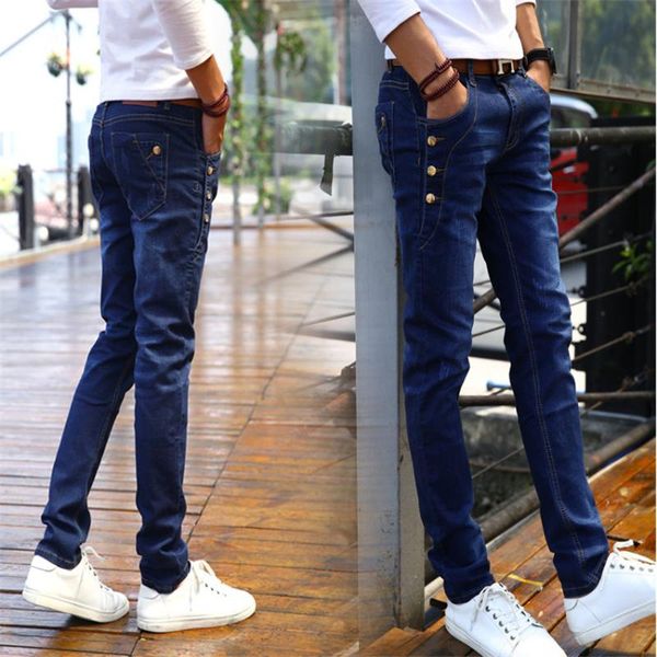 

men's jeans waggie's walker 2021 spring korean slim fit casual stretch mid-waist full length solid color skinny men, Blue