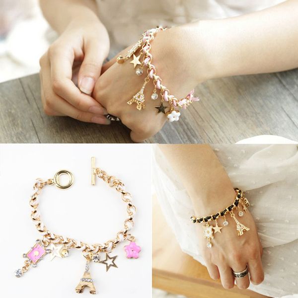 

charming leather rope pa*ris eif*fel tower crown crystal bracelet for women party wedding bridal jewelry bijoux, Golden;silver