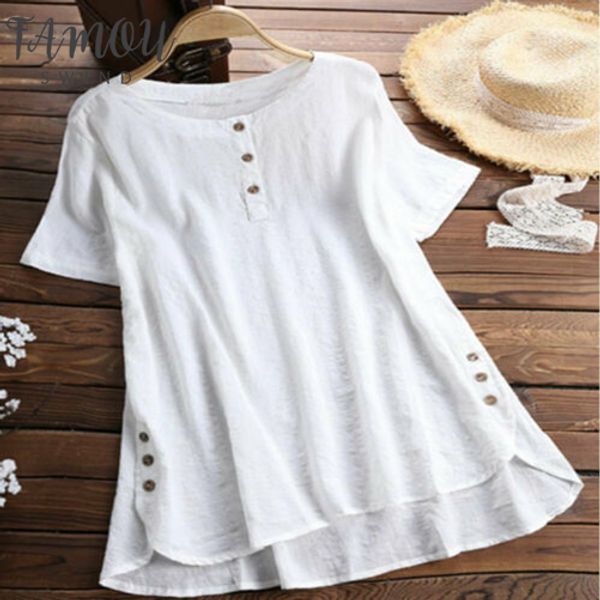 

plus size s 5xl women button short sleeve blouse ladies cotton linen summer female casual woman clothes blusa feminina, White