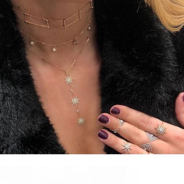 

triple star sunburst starburst link chain y necklace silver plated micro pave cz northstar charm sparking fashion jewelry chain