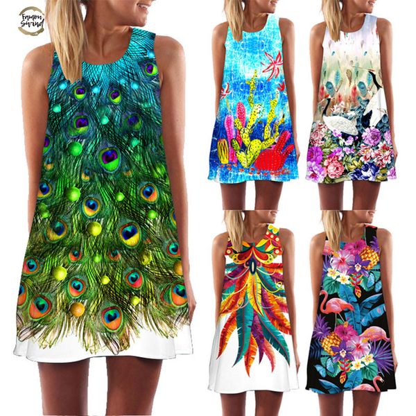 

sleeveless boho beach dress women floral feather print 2019 summer dress new mini casual dresses for ladies vestidos, Black;gray