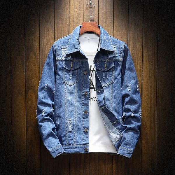 

teen men's student hole denim jacket men's spring summer slim lapel youth fashion classic simple large size denim jacket asian szie m-5xl