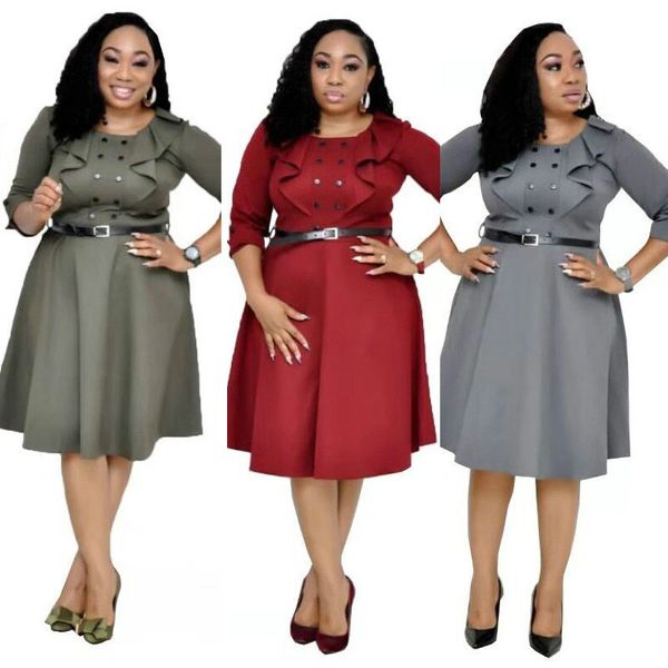 

2019 autumn winter africa women fashion ruffles button midi dress club night casual pleated sashes dresses vestidos, Black;gray
