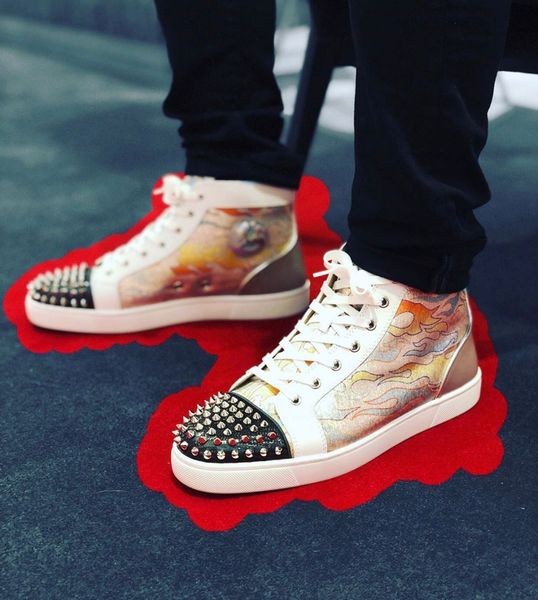 

factory direct sale -- luxurious flame glitter leather spikes orlato men's red bottom sneakers -*- party wedding skateboard shoes with, Black