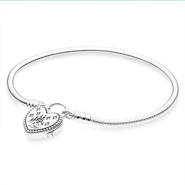 

original 925 sterling silver fantasyland castle heart bracelet clasp snake chain bracelet bangle fit bead charm jewelry, Black
