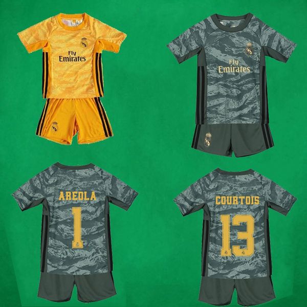 

19 20 real madrid kid's goalkeeper soccer jerseys shorts 2019/20 courtois areola shirt and pants children soccer kits boy's footba, Black