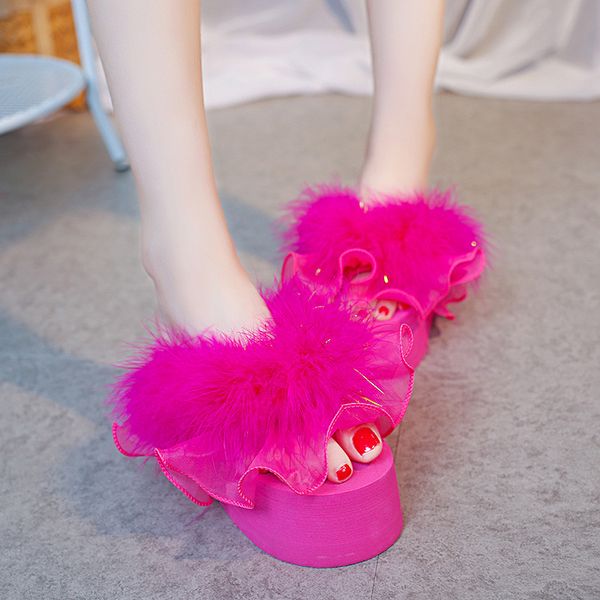

2018 fashion rose red white ruffles fur tassel lady platform flip flops wedges heels slides punk womens shoes summer, Black