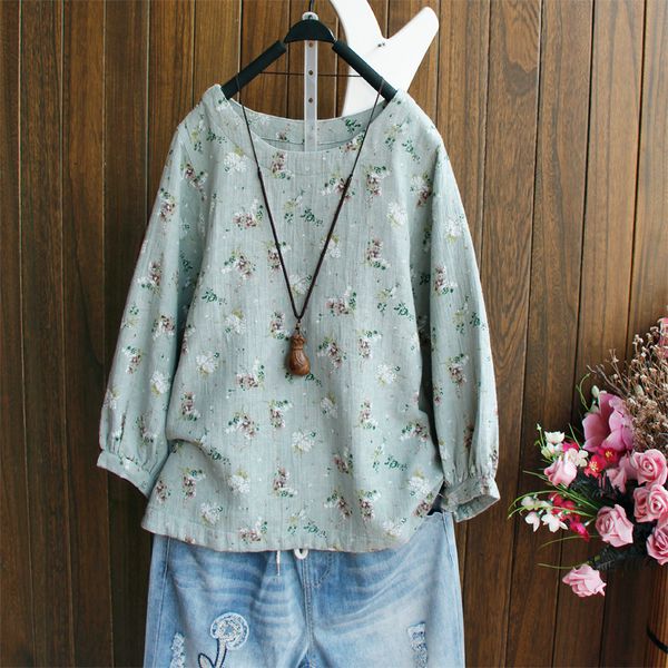 

lantern sleeve loose shirt floral printed bottoming femme sweet pink green female doll blouses cotton linen women clothing, White