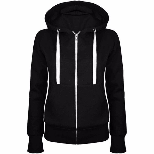 

женская толстовка карманы верхней одежды zipper классический женщина толстовка шинель весна осень молния с капюшоном фуфайка hoody jacket, Black