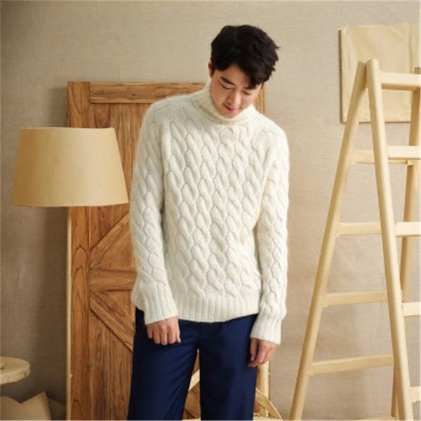

100% hand made wool blend turtleneck twisted knit men solid h-straight loose pullover sweater one&over size, White;black