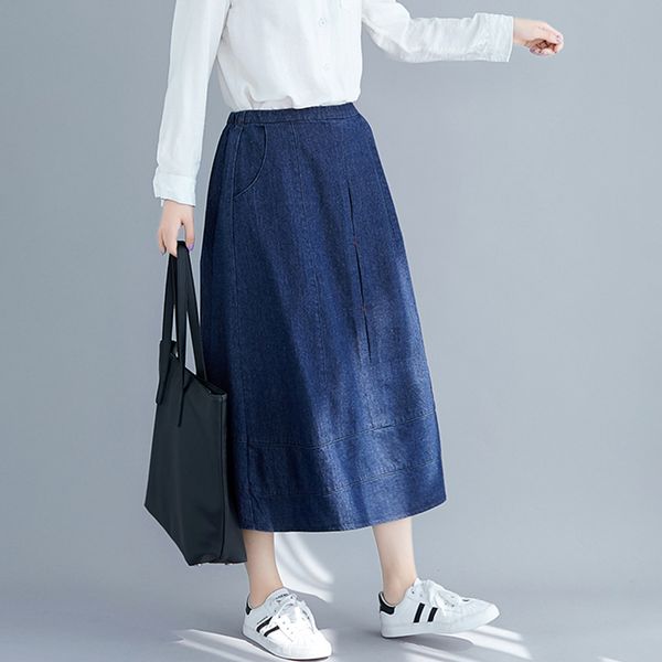 

ewq] 2020 spring autumn elastic patchwork pockets solid denim thick vintage loose large skirt women ak30001, Black