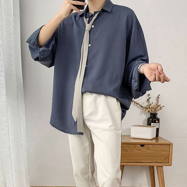 

рубашка платья мужская мода бизнес повседневная полосатый рубашка streetwear социальный мужчины дикий сыпучие корейский 3/4 рукава -5xl, White;black