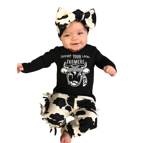 

toddler boy clothes newborn infant baby girl clothes cow letter t shirt+ pants+ headband outfits set roupa infantil#y2, White