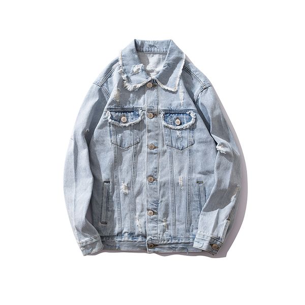 

2020 denim printed washed hole denim jacket printed loose men's washed jacket men sa-8, Black;brown