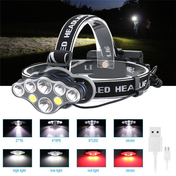 

headlamps 5000lm abs t6 xpe cob led headlamp 8-mode usb charger headlight use 18650 battery head lamp waterproof hunting