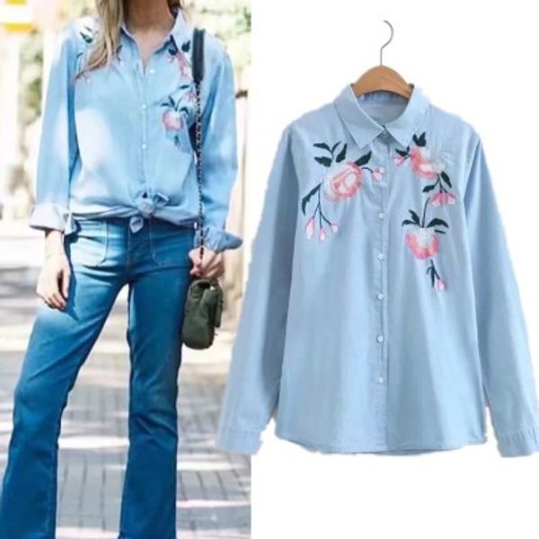 

woman denim shirts 2019 new large size women flora embroidered denim shirt lapel long sleeve plus size camisa jeans bordada, White