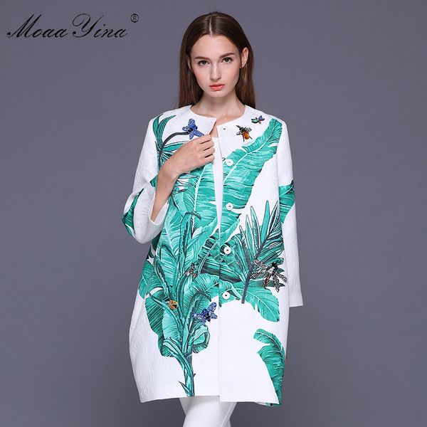 

moaayina designer coat spring women long sleeve jacquard banana leaves dragonfly butterfly beaded crystal casual loose overcoat, Black