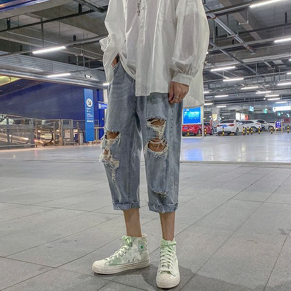 

2020 summer new youth popular couple loose solid color hole denim cropped pants fashion casual mid-high waist straight pants, Blue