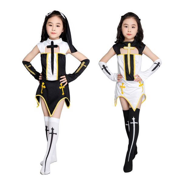 

umorden kids child girls nun costume for teen girl sister role play cosplay with stockings halloween carnival costumes, Black;red