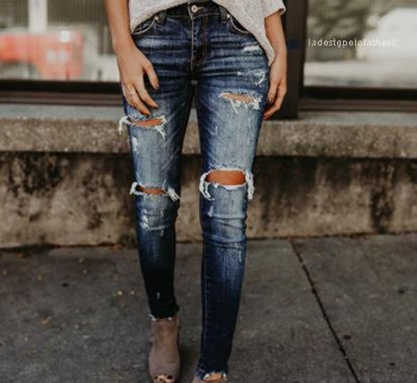 

leggings fashionable vintage ripped casual mid waist jeans designer women pencil pants new style women jeans, Blue