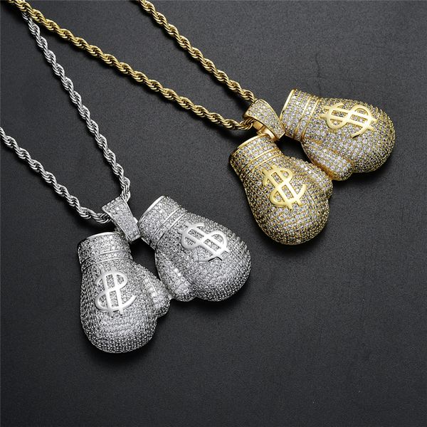 Homens Mulheres Hip Hop Colar Jóias Luvas Amarelo Ouro Branco Plated completa CZ Dollar Boxe pingente e colar para homens Mulheres presente agradável