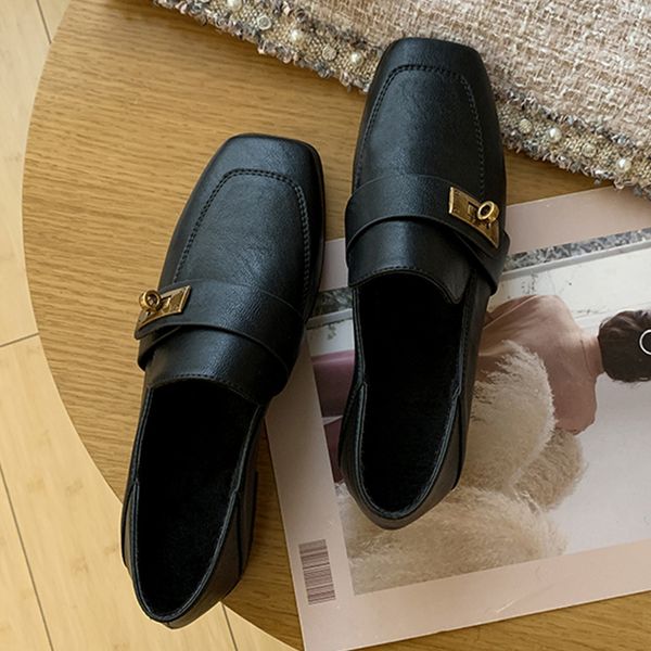 

spring metal buckl flats shoes women casual slip on boat shoes black leather flats fashion square toe women oxford