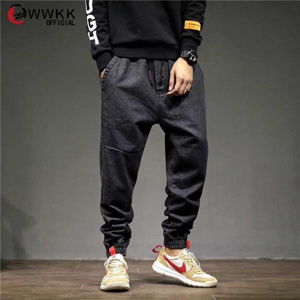 

wwkk jeans men baggy denim harem pants male loose crotch jeans hip hop street drawstring trousers plus size joggers streetwear, Blue