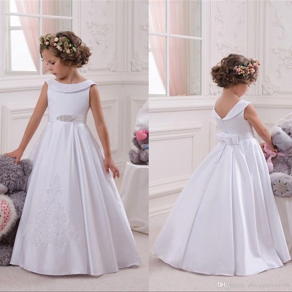 Bianco Flower Girls Chiffon Breve pavimento Lunghezza del gioiello increspature Bow festa di compleanno della damigella d'onore degli abiti di Robes De Fête