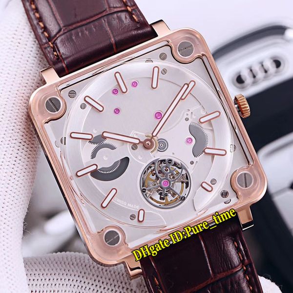 New Experimental BR-X2 BRX2-MRTB-ST Quadrante bianco Tourbillon automatico Orologio da uomo Cassa in oro rosa Cinturino in pelle marrone Orologi Pure_Time 6 Style