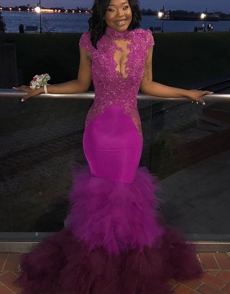 Sexy Mermaid Prom Dresses Lace Appliques With Beaded High Neck