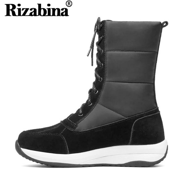 

rizabina 2020 new snow boots real leather ankle boots women lace up thick sole plush fur winter warm shoes women size 35-44, Black