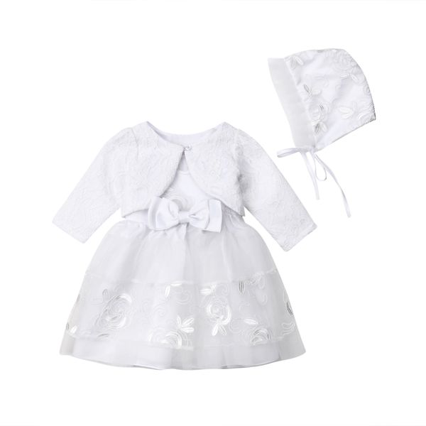 

2018 baby girls ivory lace 3pcs clothes set babies party christening dress bonnet jacket 0-18m, White