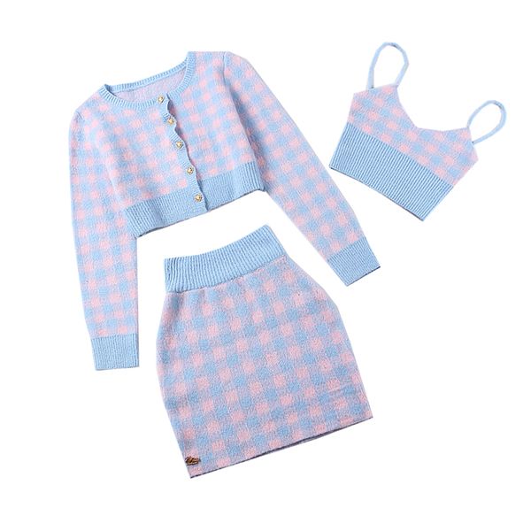 

le palais vintage 2018FW Warm Knitted 3 Pieces Suits Stylish Plaid Slim High Rise Short Jacket Spaghetti Strap Top