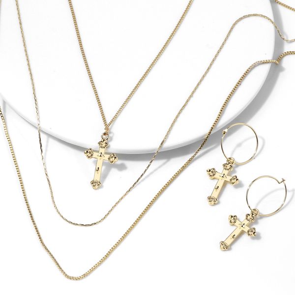 

trendy gold color religion jewelry cross pendant necklaces earrings sets women men minimalism statement jewelry ear accessories, Silver
