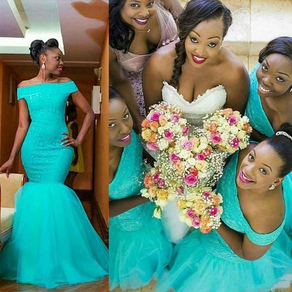Afrika Turkuaz Nedime Elbiseleri Denizkızı Akşam Partisi Elbiseleri Aqua Mavi Dantel Düğün Konuk Elbiseleri Omuz Kapalı Hizmetçisi 2526