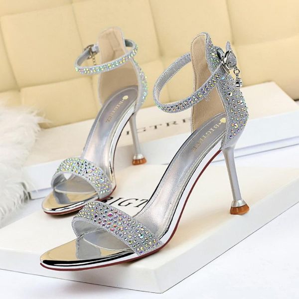 

european and american style banquet summer high heels shoes fine), high heel open toe rhinestone field strap sandals, Black