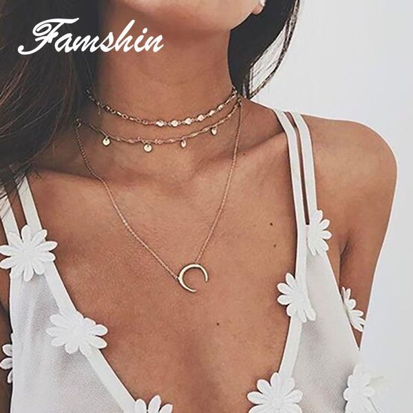 

famshin multilayer crystal moon pendant necklaces for women vintage charm choker necklace statement party jewelry accessories, Silver