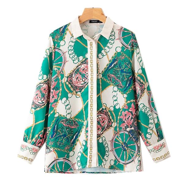 

2019 vintage tassel chain print shirt woman single-breasted button long sleeve blouse femme turn-down collar blusas, White