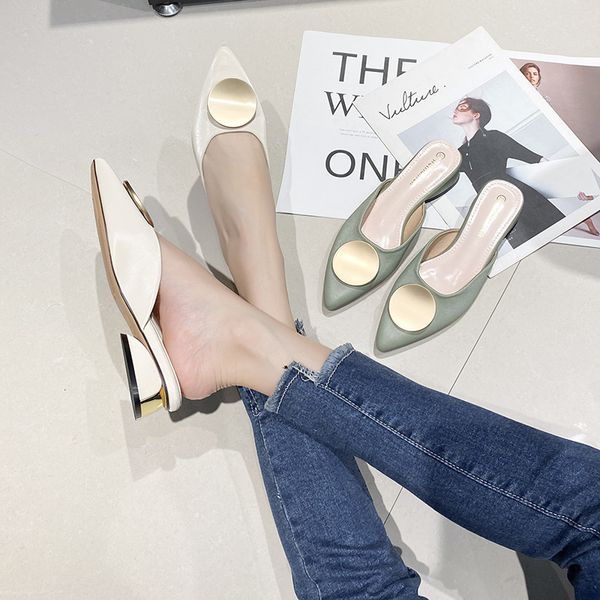 

2020 pointed toe slippers women chunky heel mules shallow slides fashion slip on shoes big size zapatos de mujer green apricot, Black