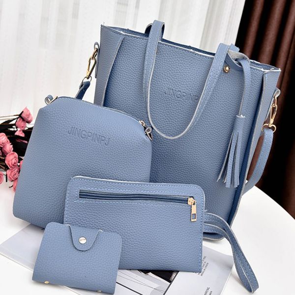

4pcs/set quality tassel pu handbags for women luxury shoulder tote clutch purse satchel crossbody messenger bags bolsa feminina