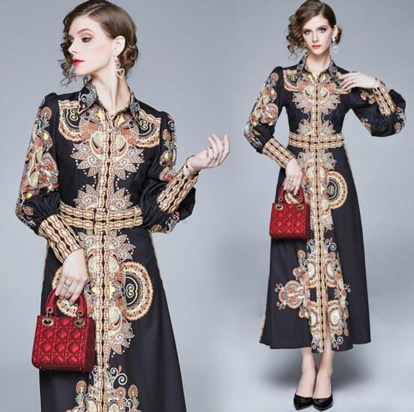 

new autumn women's retro court print lapel bubble long sleeves waist dress, Black;gray