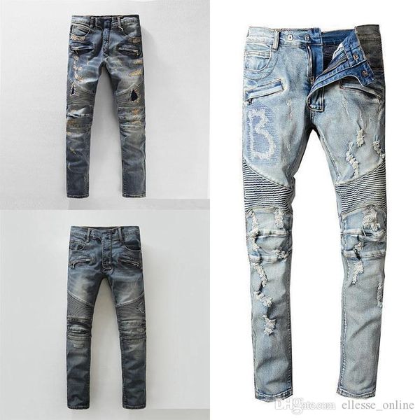 

2020 newbalmainmens distressed ripped biker mens luxury designer jeans slim fit motorcycle biker denim for men s black pour hommes, Blue