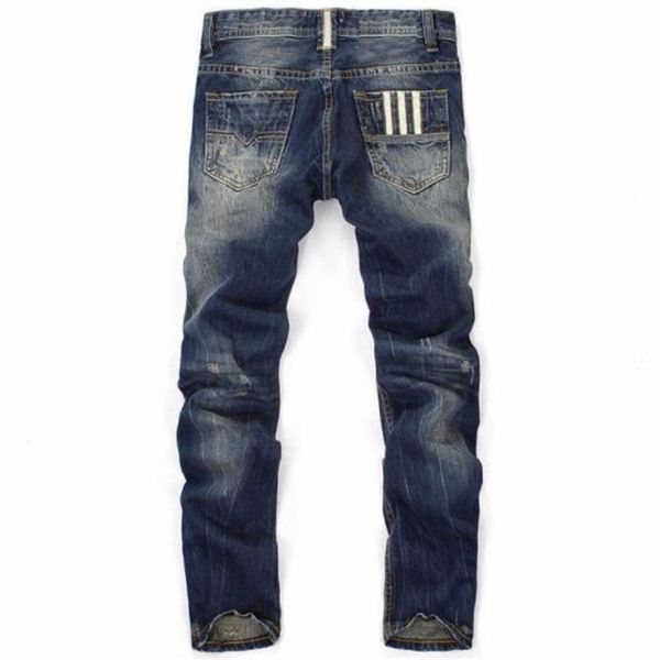 

Straight Ripped Mens Designer Jeans Striped Print Regular Long Pants Mid Waist Holes Mens Trousers Male Clothing