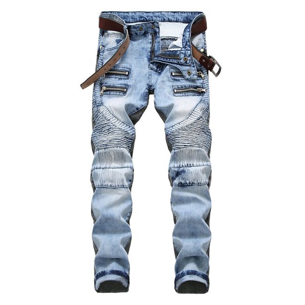 

kimsere fashion men's pleated biker jeans pants hi street motorcycle denim trousers for male two color patchwork plus size 28-42, Blue
