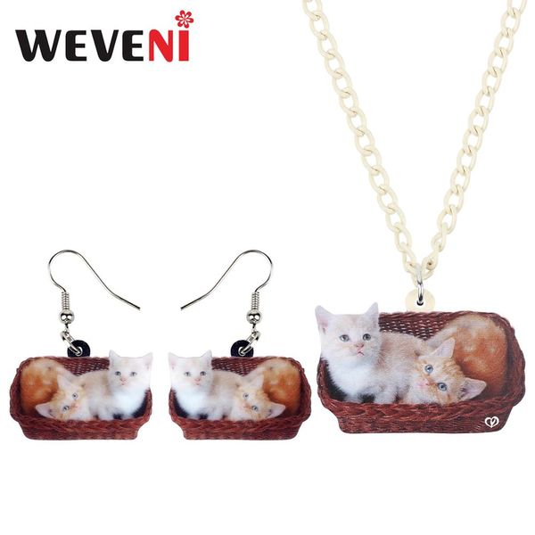 

weveni acrylic elegant double basket cat kitten necklace earrings jewelry sets sweet pets girl teens charm party gift accessory, Silver