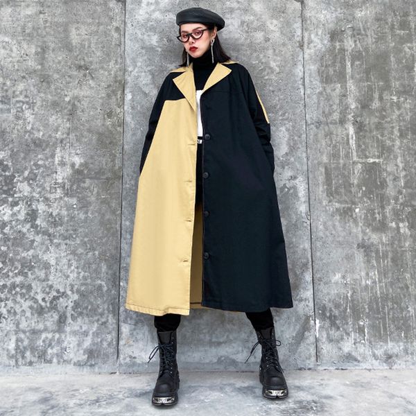 

johnature новый воротник отложной повседневный streetwear сыпучие женщины тренчкот 2020 весна осень лоскутная кнопка женский коутс, Tan;black