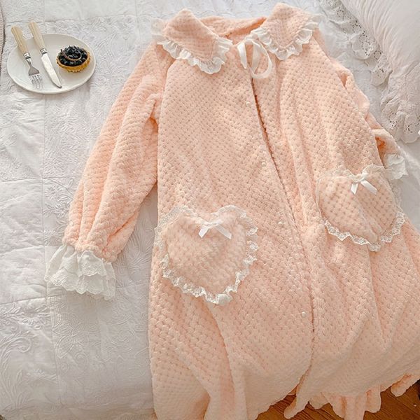 

autumn winter soft warm sweet women's thick flannel robe vintage princess bow big pocket plus size loose nightwear pink /purple, Black;red