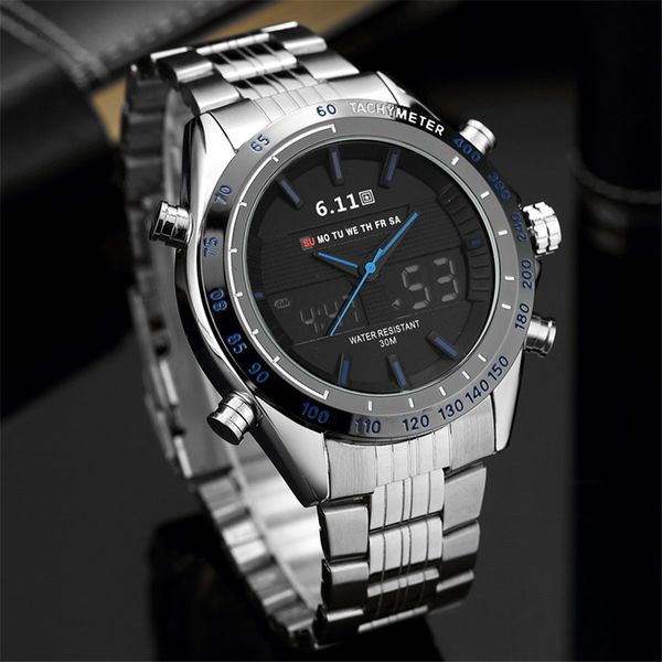 

6.11 mens 2019 new fashion 3d dial stainless steel blue light led sport watch men 30m waterproof wristwatches ing, Slivery;brown